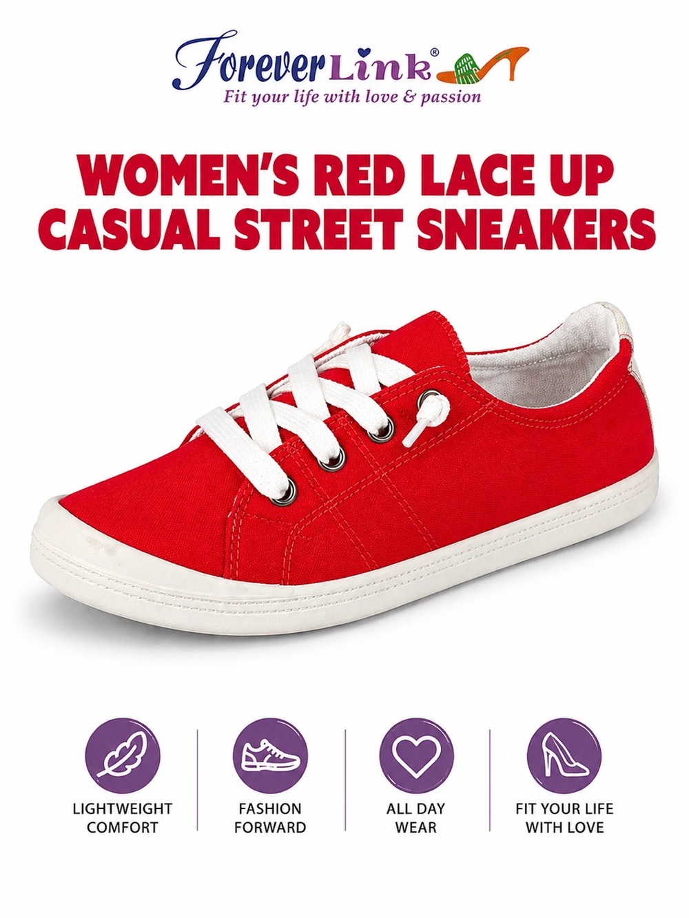 Red Lace Up Slip On Flexible Rubber Casual Street Sneakers